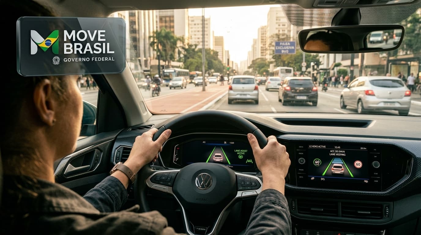 Visão do motorista ao volante com sistema de condução assistida Nível 2 ativo no painel digital durante tráfego urbano no Brasil, com selo do programa Move Brasil — Governo Federal.