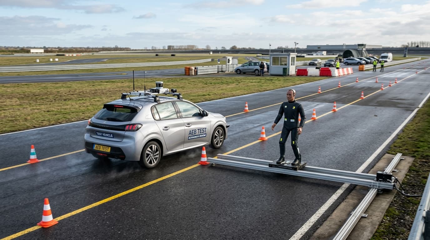 Teste de frenagem autônoma com manequim de pedestre montado em trilho lateral transversal de travessia na pista de testes.