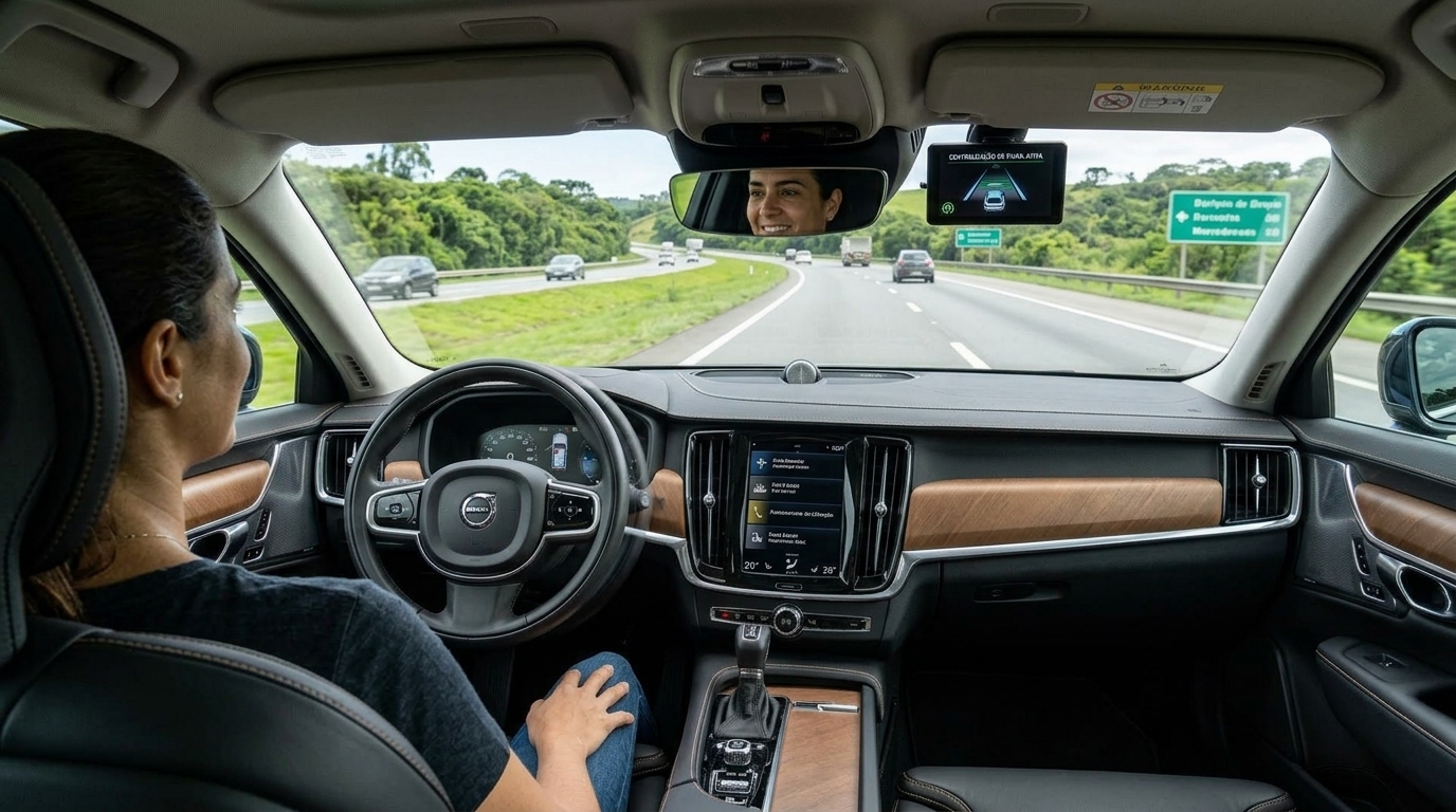 Ilustração de uma motorista atenta ao volante enquanto um módulo de assistência exibe a trajetória em uma rodovia.